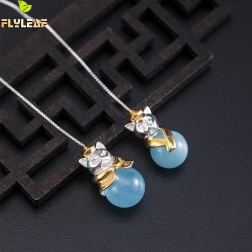 Cute Aquamarine Cat Long Tassel Earrings For Women 925 Sterling Silver Asymmetry Earings Handmade Female Vintage Jewelry 2021