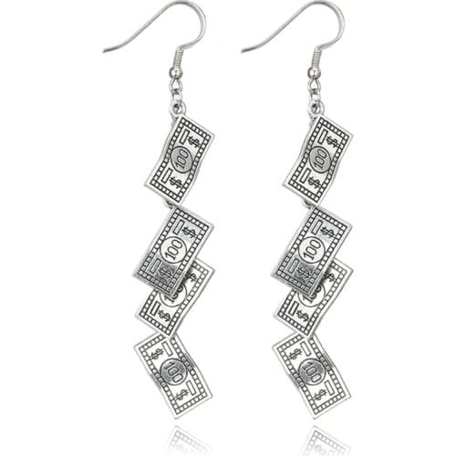 Antique Sliver Funny 100 Dollar Bill Money Currency Dangle_Earrings For Women