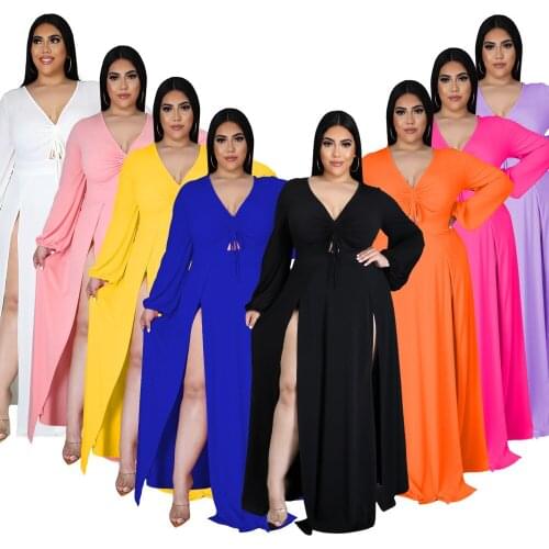 XL-5XL Plus Size Black Pink Fit and Flare Dress Women Ruched Drawstring Full Sleeve Vestido Elegant Side High Split Robe Femme