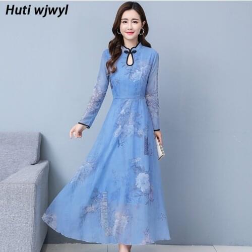 Plus Size Long Sleeve Maxi Dress Autumn Winter Floral Chiffon Vintage Midi Dresses 2021 Elegant Women Bodycon Party Sexy Vestido