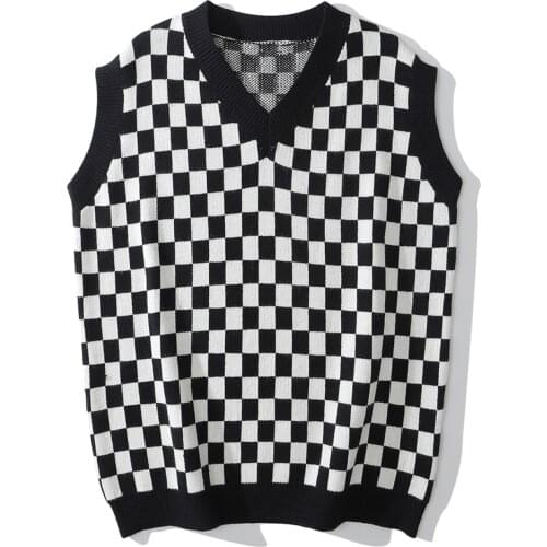 LACIBLE Harajuku Sweater Checkerboard Print Knitted Sweater Contrast Sleeveless Vest Embroidered Streetwear Streetwear Retro