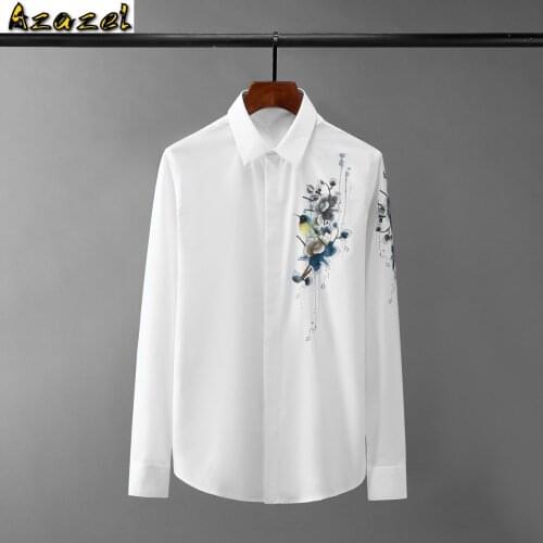 Azazel Cotton Male Shrits High Quality Long Sleeve Bird And Flower Embroidery Casual Party Slim Mens Dress Shirts Plus Size 4XL