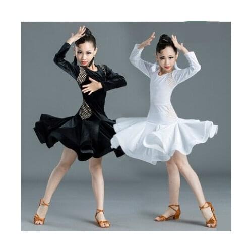 Velvet long sleeves latin dance dress for children girls competition ballroom kids tango salsa dancewear practice wear cha cha