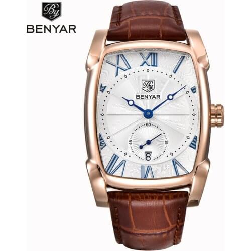 BENYAR Mens Watch Casual Fashion Brand Leather Waterproof Shockproof Quartz Watch Mens Watch Gold Luxury Business Watch