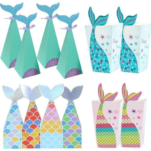 CYUAN 10pcs Mermaid Tail Paper Candy Box Gift Bags Popcorn Boxes Kids Little Mermaid Birthday Party Decoration Baby Shower