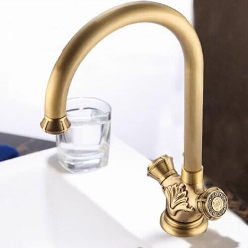 Basin Faucets Brass Antique Deck Mounted Kitchen Bathroom Sink Faucets Dual Handle Vintage Carving Hot Cold Mixer Tap