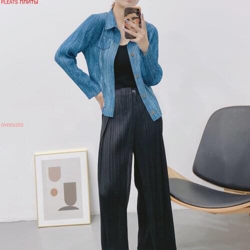 Miyake Pleated Early Spring Denim Loose Korean Spring and Autumn Top Shirt Thin Oversized Shirt One Piece