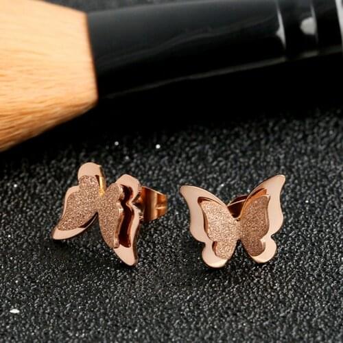 Trendy Stainless Steel Butterfly earrings Rose Gold Fresh Cute Frosted Small insect stud Earrings for women jewelry 2020