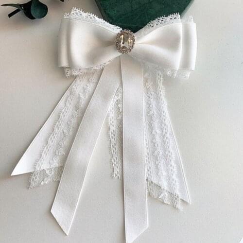 Fashion Ribbon Lace Womens Bowtie Korean College Style Sweet Dress Shirt Collar Flower Rhinestone Bow Pin Female Jewelry Gift