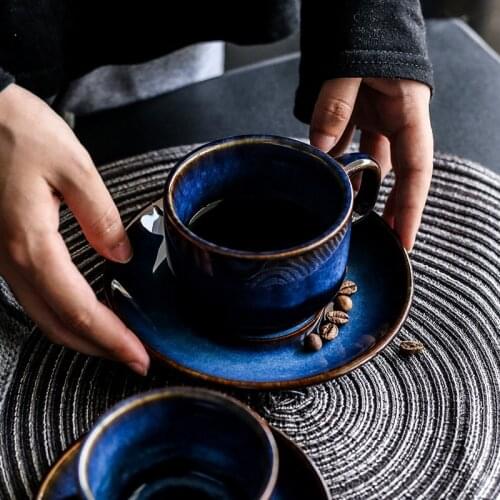 Deep Blue Ceramic Coffee Cup Saucer Set Cat Eye Afternoon Tea Antique Color Espresso Gift Free Shipping