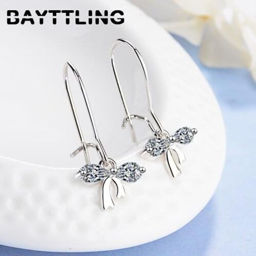 BAYTTLING New 925 Sterling Silver 26MM Shiny Zircon Bow Earrings For Women Fashion Wedding Couple Jewelry Gifts