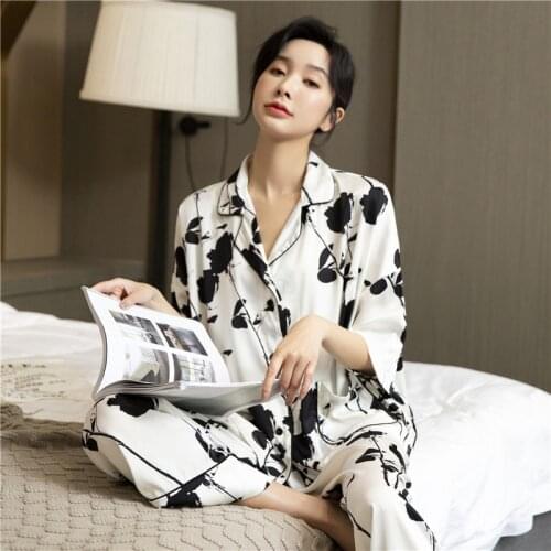 2021 Summer New Rose Pajamas Set Womens Casual Satin 2PCS Home Suit Pijama With Pocket Shirt&Pant Sleepwear Loose Nightwear