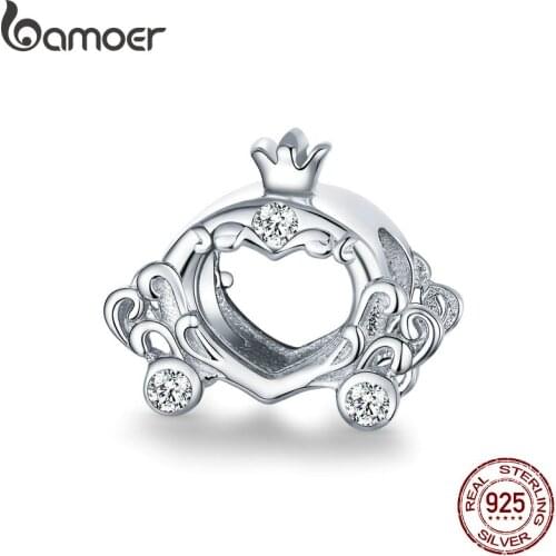 Bamoer S925 Silver Wedding Day Pumpkin Car Metal Charm fit Original Snake Bracelet Crown with Heart Beads Jewelry Making BSC270