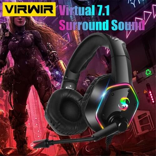VIRWIR USB 7.1 Stereo Professional Gamer Headphone Wired Earphones With HD Mic Colourful Light For PS4 PC Laptop Gaming Headsets