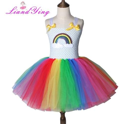 Girls Flower Rainbow Tutu Dress Kids Crochet Tulle Strap Dress Ball Gown with Ribbons Children Party Costume Dress