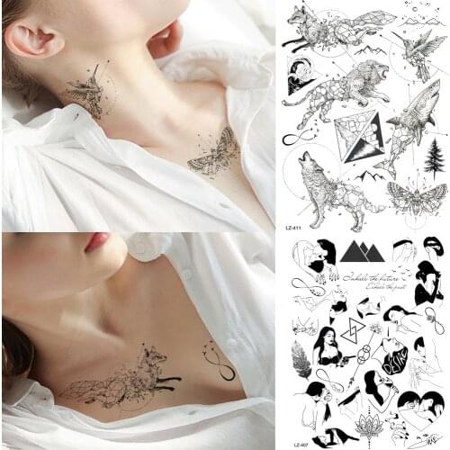 Sexy Black Fake Temporary Tattoo Adults Sexy Geometry Fox Stickers Waterproof Tatoo Body Art Planet ML Flash Tattoo Supplies