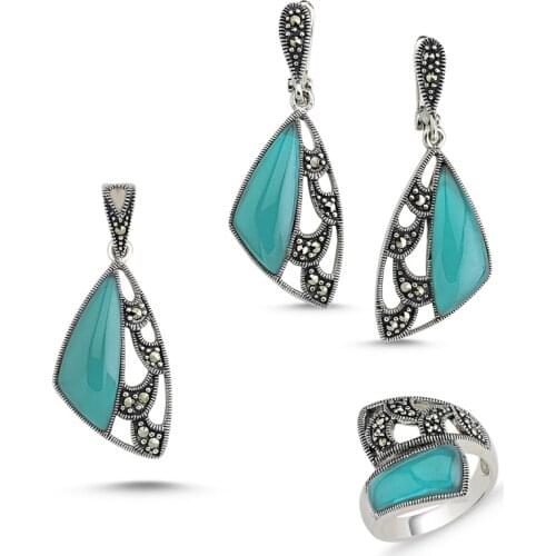 Silver 925 Sterling Marcasite Pendant Earring & Ring Set