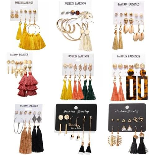 Popular Retro Boho Earring Set Long Tassel Exaggerated Pearl Leaf Cat Star Flowers Moon Cross Crystal Woman Large Earrings 2021