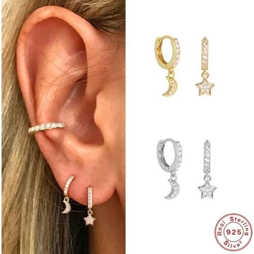 Aide Real 925 Sterling Silver Asymmetrical Star Moon Pendant Hoop Earrings Crystal Zircon Charms Earrings For Women Girls Gift