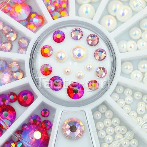 Mixed sizes Nail Rhinestone pearl Studs Round glitter Flat Bottom For Manicure DIY Tips Nail Art Decoration in Wheel
