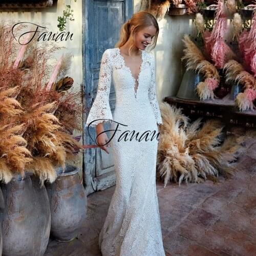 Deep V-Neck Flare Sleeve Wedding Dress Mermaid Lace Appliques Floor Length Bridal Gown robe de soirée de mariage платье