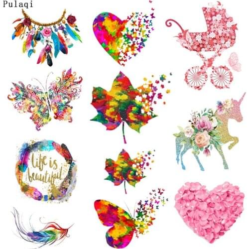 Butterfly Patches Thermal Iron On Patches Fashion Stripes Transfer Flower Clothing Stickers On Clothes Kids Color Applique DIY