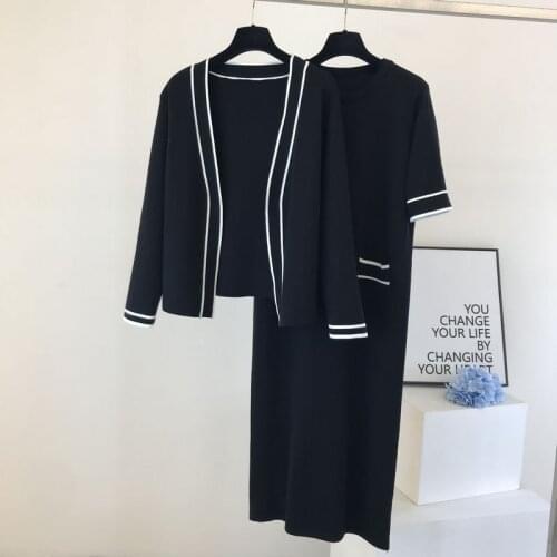 2021 New Leisure Knitted 2 Piece Set Women O-neck Short Sleeve Straight Dress + Cardigan Jacket Outfits Contrast Color Suit