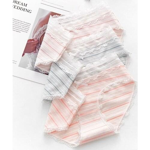 Japanese Style Seamless Girl Underwear New Striped Mid-Waist Hip Lifting Breathable Lace Breifs