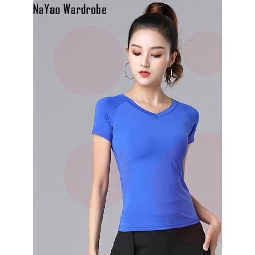2021 New SS080 Women Latin Dance T Shirt Solid Color V Neck Latin Dancing Tops for Samba Tango Chacha Belly Performamnce