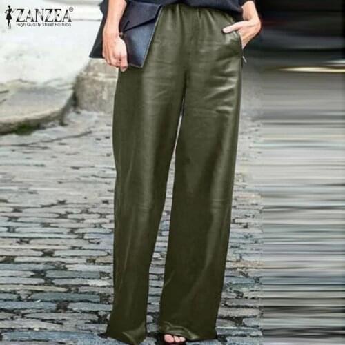 Plus Size Womens Wide Leg Trouser ZANZEA 2021 Stylish Faux Leather Pants Casual Elastic Waist Long Pantalon Female Black Turnip