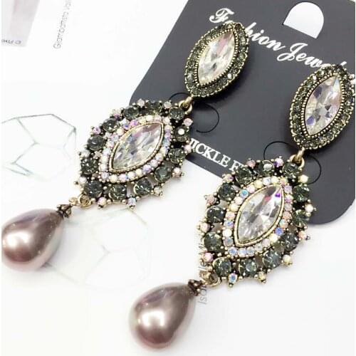 YaYi Jewelry Fashion BOHO Brown Glass Crystal Rhinestone Dangle Women Ancient Gold Color Wear Ear Band Long Tassel Earrings