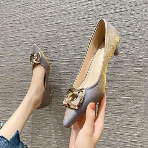 Metal Bow-knot woman pumps shallow slip on talons hauts mary janes pointed toe thin med-high heels shoes women 2021 big size 43