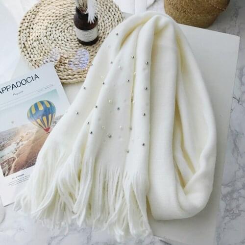 Hot Female Pearl Cashmere Scarf Women Lades Ladies Shawl Winter Poncho Long Tassel Wrap Stole Scarves Warm Off White Solid Color