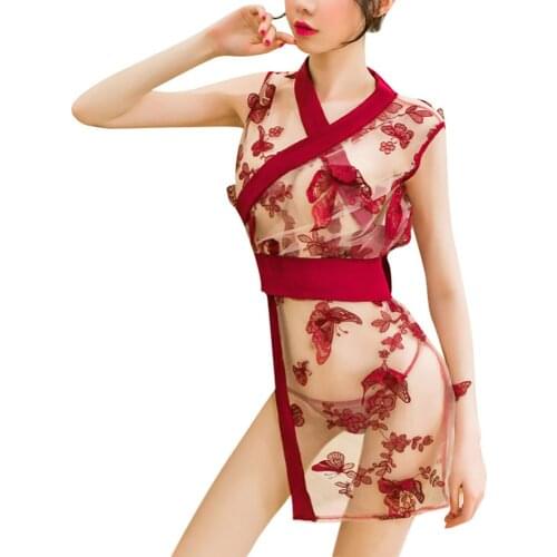 Womens Butterfly Embroidered Ultra Sheer Short Kimono Robe Sexy Lingerie Sleeveless See Through Side Slit Nighties Bedroom