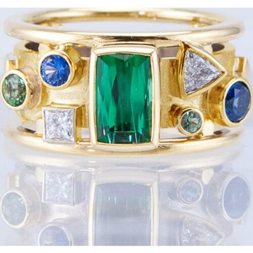 Huitan Luxury Retro Women Geometric Finger Ring Vintage Party Accessories Green/Blue/White Zircon Stones Female Jewelry New Ring