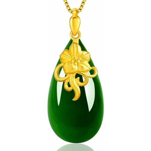 Vintage green jade emerald gemstones pendant necklaces for women gold color jewelry bijoux birthday party gifts mother fashion