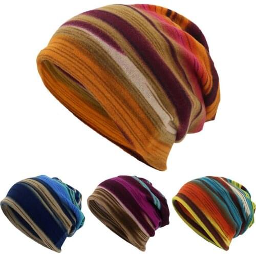 Unisex Winter 2 in 1 Striped Print Double Layer Neck Scarf Beanie Cap Turban Hat