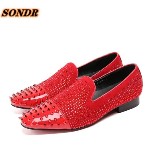 2020 High Quality Men Genuine Leather Shoes Round Toe Crystal Rivets Loafers Wedding Dress Formal Oxford Shoes Calzado Hombre