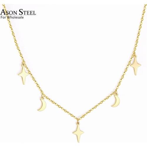 ASONSTEEL Moon and Star Pendant Necklaces Gold Color Stainless Steel Chain for Women Girls Fashion Jewelry Accessories Gift