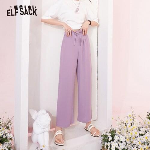 ELFSACK Solid Pure Drawstring Straight Casual Women Pants,2021 Summer Vintage High Elastic Waist,Ladies Basic Daily Trouser