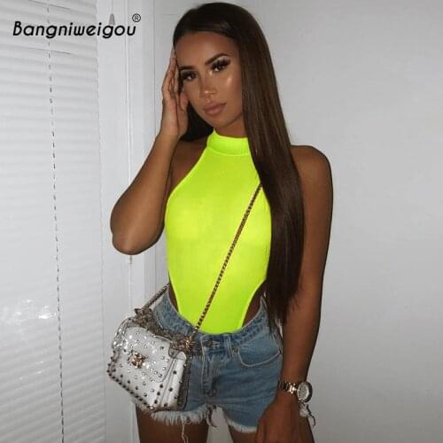 Bangniweigou Fluorescent Ribbed Knitting Bodysuit Sleeveless Raglan Overalls Casual Party Lime Green Rompers