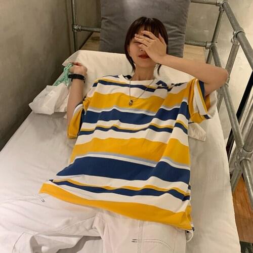 Summer Vintage Couple Jelly Color Vibrant Striped Womens Short-Sleeved t-Shirt Loose Casual Mens And Womens Summer Tops