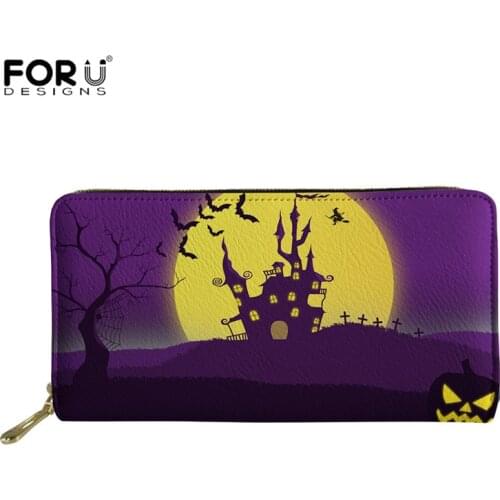 FORUDESIGNS Halloween Night Theme Fashion Multifunctional Womens Wallet Printing Long Mobile Phone Bags Multi-layer Coin Purse