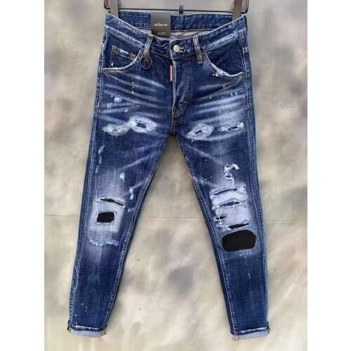 2021 New DSQUARED2 Men/Women Washed Hole Patch Applique Elastic Button Hot Rhinestone Casual Jeans 005