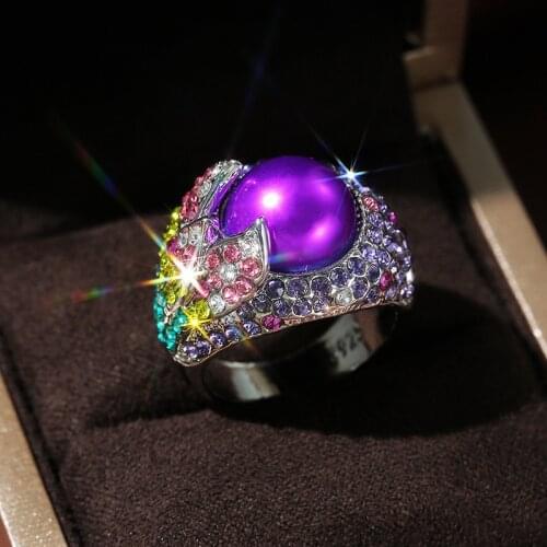 New Retro Exaggerated Ladies Full Color Zircon Purple Pearl Petal Ring Cocktail Party Ring Gift Jewelry