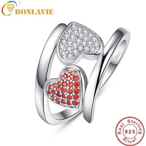 BONLAVIE 1x1mm Pave Setting White CZ Red Stone Double Heart Wedding Rings for Women Crystal bijoux femme