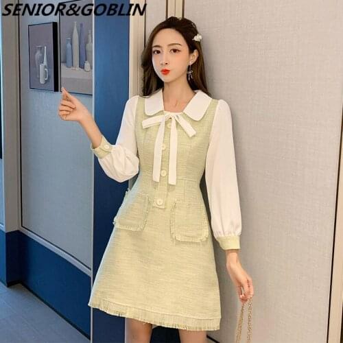 2020 Autumn Patchwork Bowknot COTTON&LINEN Do Old Tassels Dress