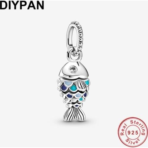 925 Silver Blue Scaled Fish Dangle Charm Fit Original Pandora Bracelet Charm 925 Sterling Silver Pendant DIY Jewelry Berloque