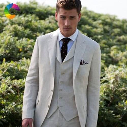 Casual Custom Made Ivory Linen Men Suits Beach Wedding Man Blazer Masculino Slim Fit Casual Groom Tuxedo 3Piece Jacket Pant Vest