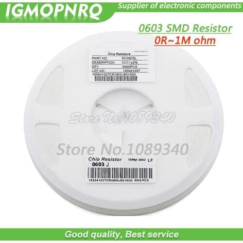5000pcs 0603 SMD 1/8W chip resistor resistors 0 ohm - 10M ohm 0R 4.7R 100R 200R 220R 1K 4.7K 4K7 10K 100K 200K 220K resistance